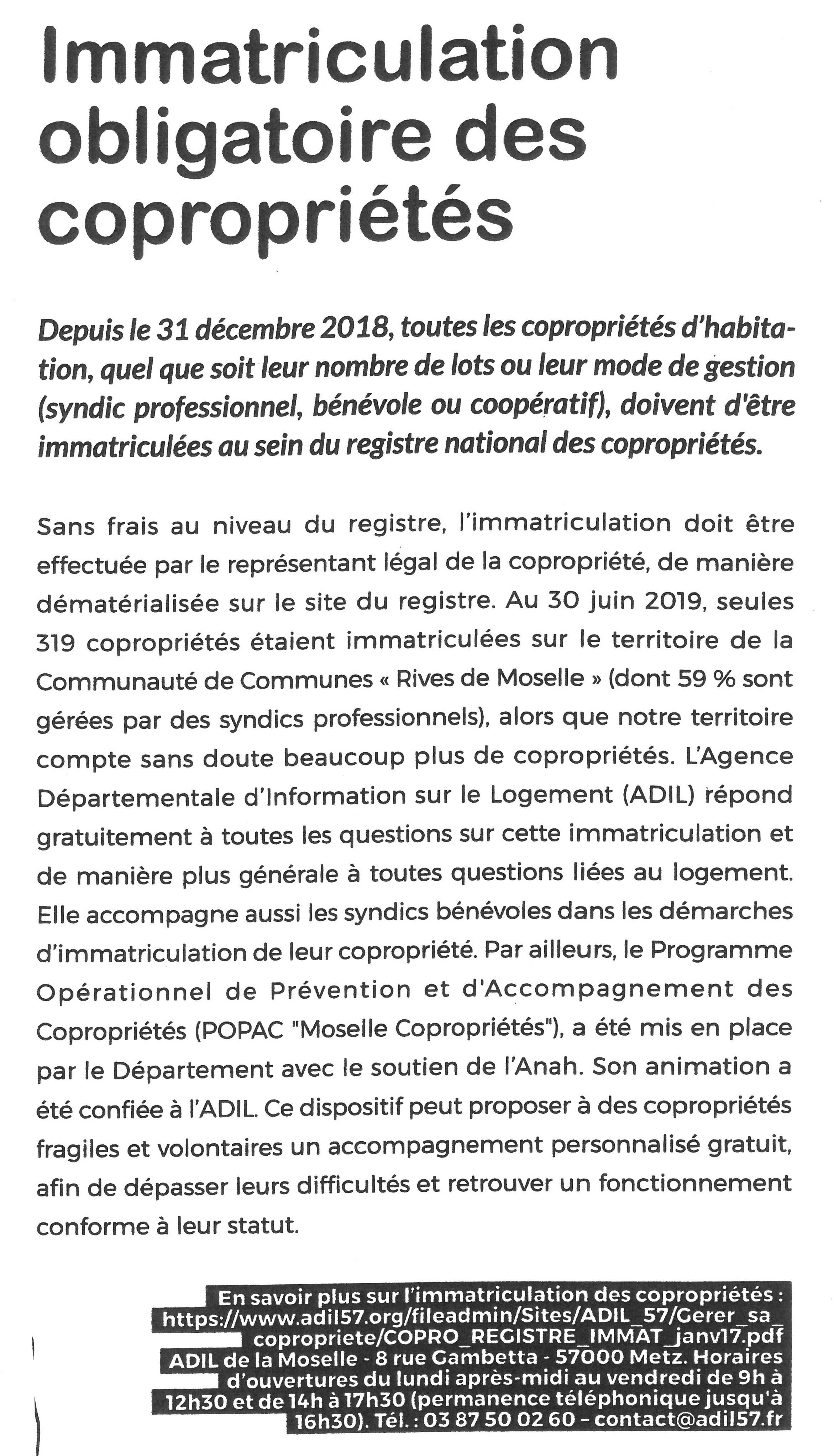 Immatriculation obligatoire des copropriétés